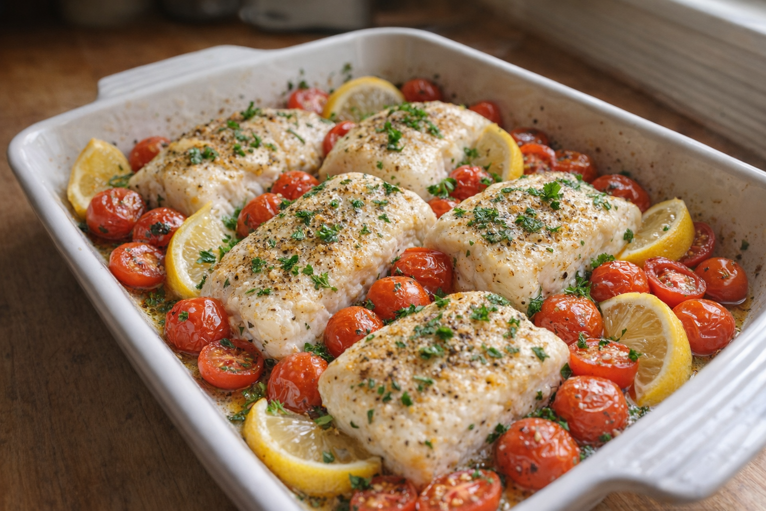 Overhead shot of perfectly baked cod fillets with cherry tomatoes, lemon wedges, and parsley garnish on a white baking dish, soft natural light